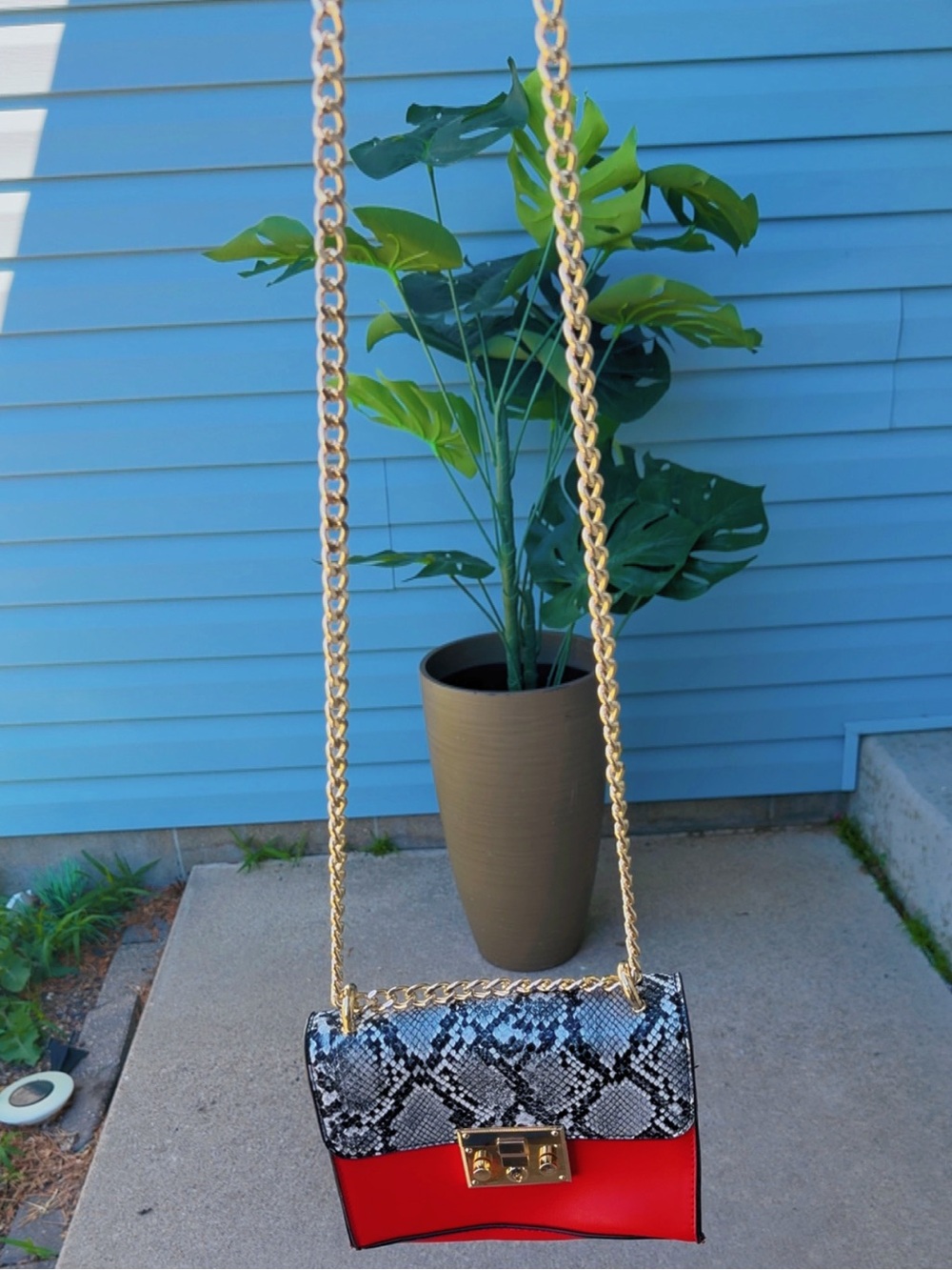 Red Snake Print Crossbody Bag with Gold Chain Strap